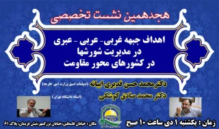 خبرگزاری قدس با همکاری جمعیت دفاع از ملت فلسطین برگزار می کند؛

هجدهمین نشست تخصصی «اهداف جبهه غربی-عربی-عبری در مدیرین شورشها در کشورهای مقاومت»