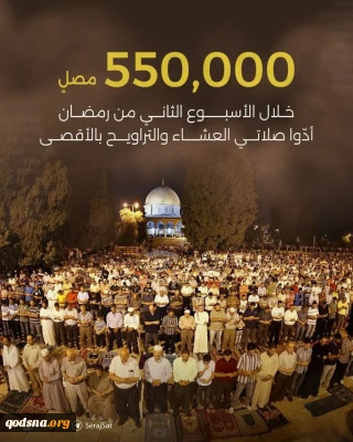 حضور 550 هزار نمازگزار در نماز تراویح دومین هفته ماه رمضان در مسجد الاقصی