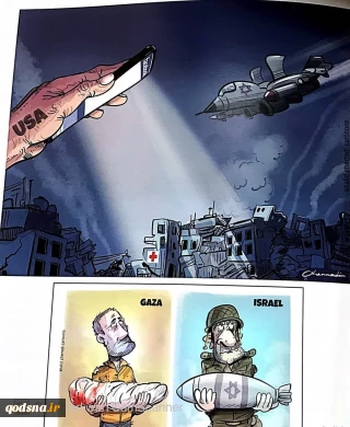 کاریکاتوری از «خالد چرادی» کاریکارتوریست سوئیسی ارسالی برای نمایشگاه «سال صفر » در موزه فلسطین تهران سال ۱۴۰۴