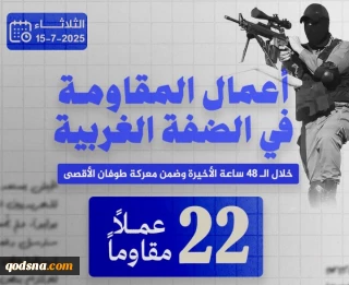 مرکز پژوهشی معطی منتشر کرد؛

 22 عملیات مقاومتی در کرانه باختری در 48 ساعت اخیر