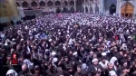 شعارهای ضد آمریکایی حاضران در مراسم اقامه نماز بر پیکر مطهر رهبر شهید انقلاب در حرم امیرالمؤمنین علیه‌السلام